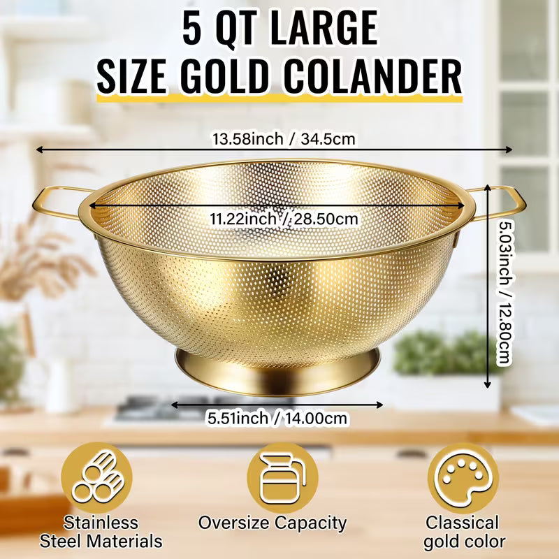 4-Piece Golden Stainless Steel Colander and Mesh Strainer Set
