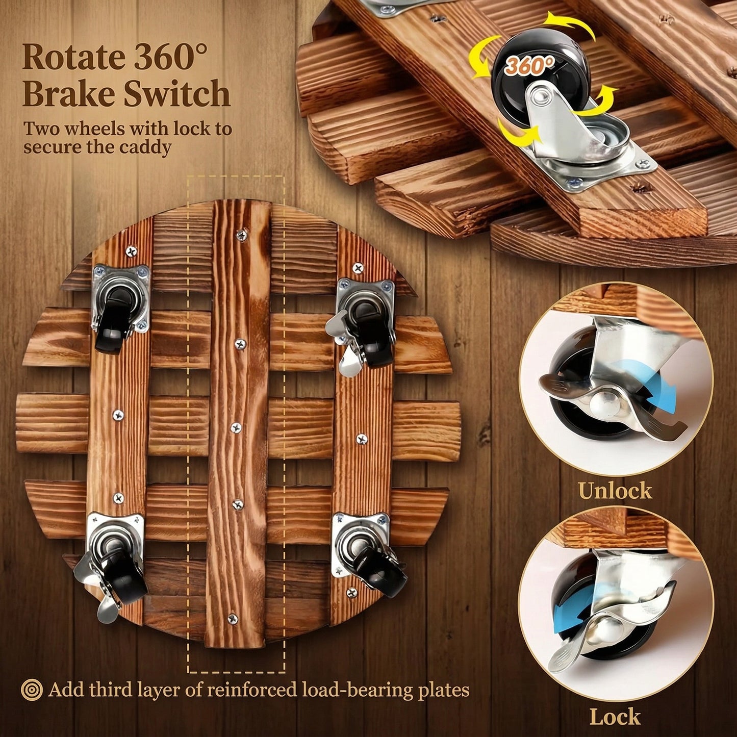 Rolling Wood Caddy with Lockable Wheels – 2 Pack Heavy Duty Pot Stand