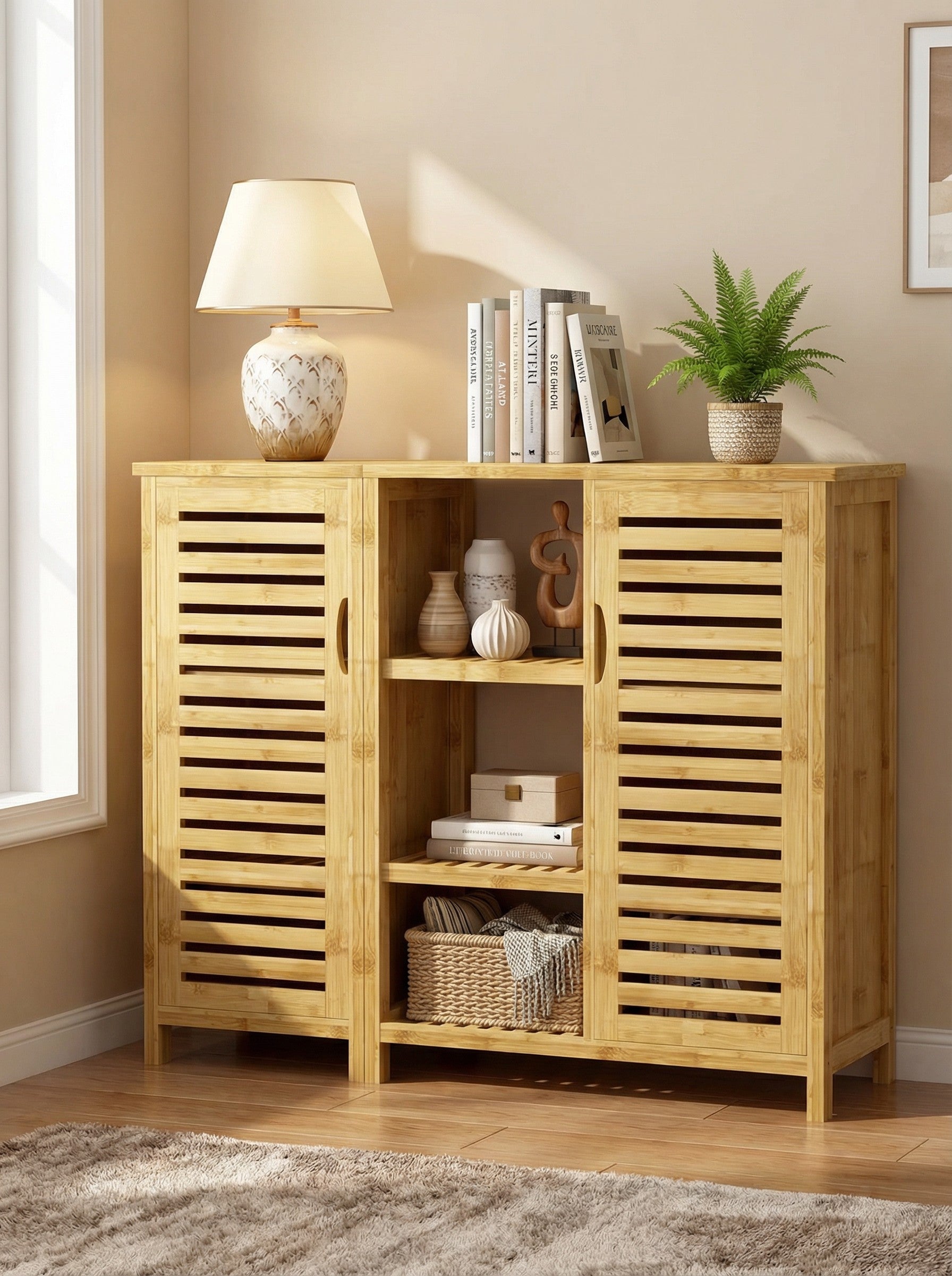 Bamboo 4 Tier Floor Cabinet with Doors, Freestanding Storage