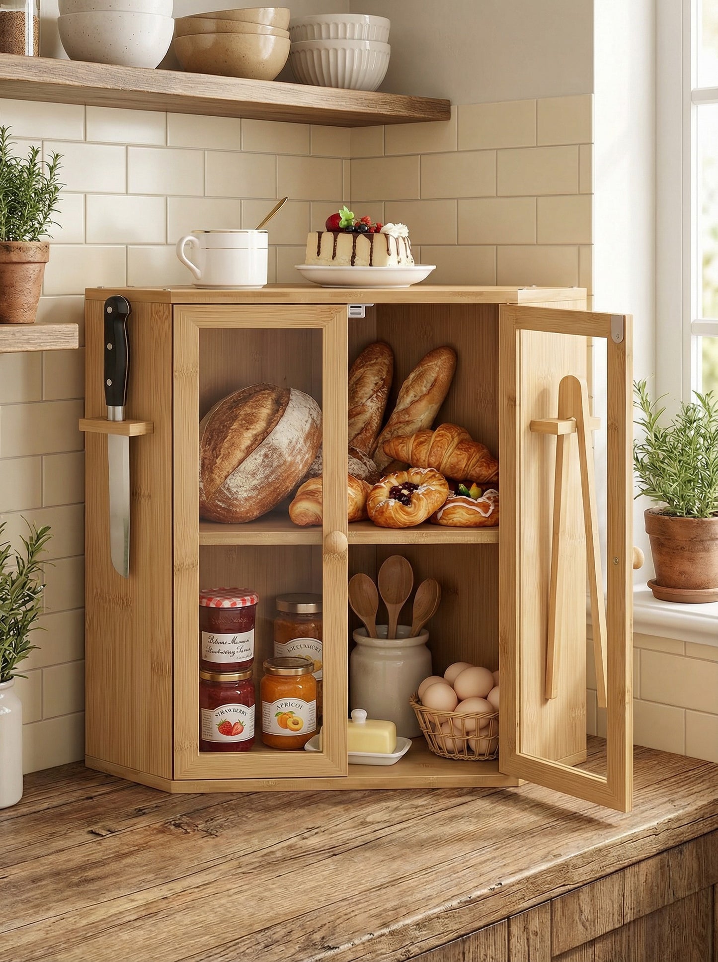 Bamboo Bread Box with Clear Doors – 2-Tier Kitchen Countertop Organizer