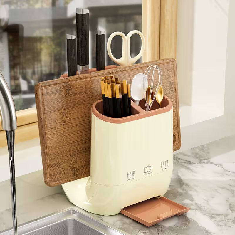 Countertop Utensil Organizer with Lid and Cutting Board Stand