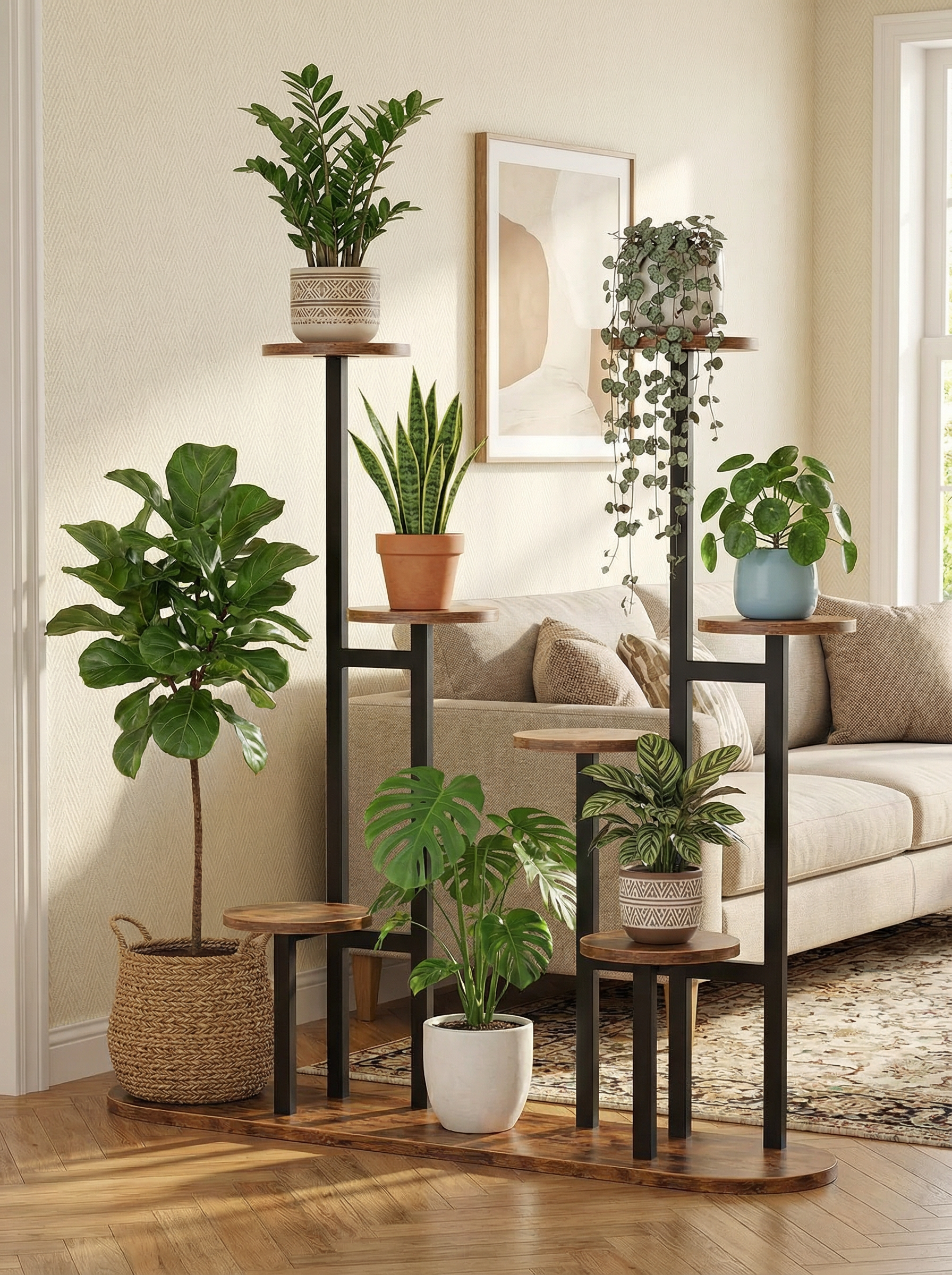 8-Tier Metal & Wood Plant Stand, Multi-Level Indoor Outdoor Flower Shelf, Tall Corner Planter Rack