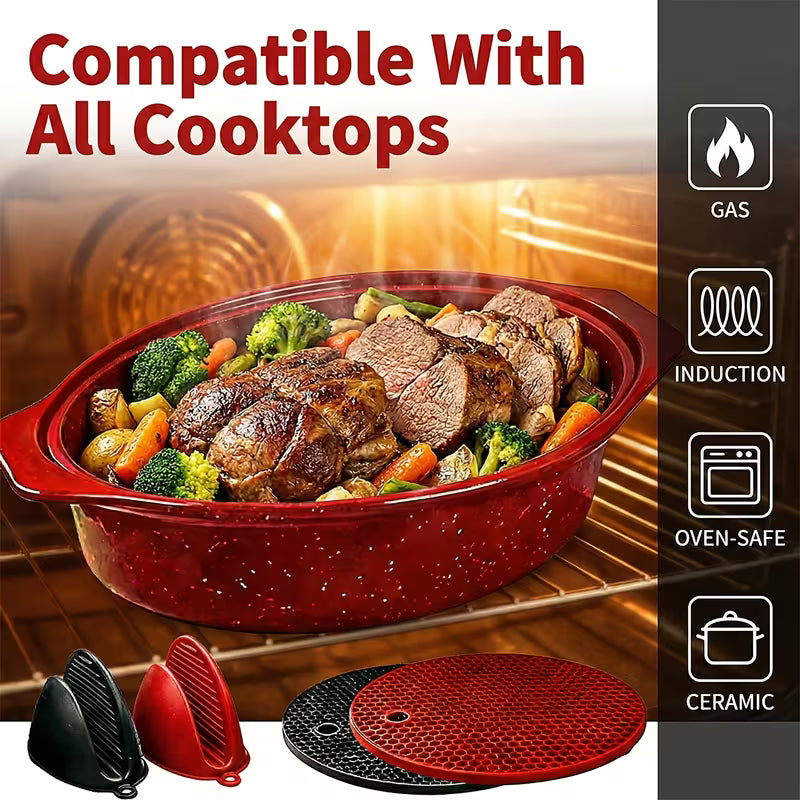 Oval Enamel Roasting Pan with Lid Baking Dish Turkey Roaster
