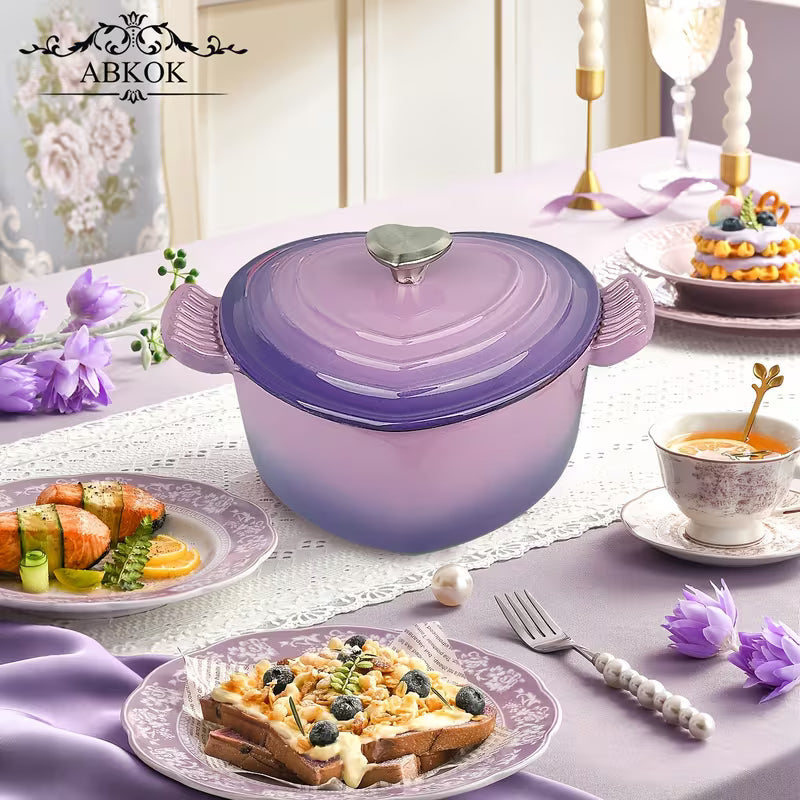 3-Quart Heart-Shaped Enamel Cast Iron Dutch Oven with Lid Purple