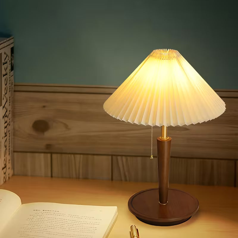 Traditional Pleated Wooden Desk Lamp with Solid Wood Base