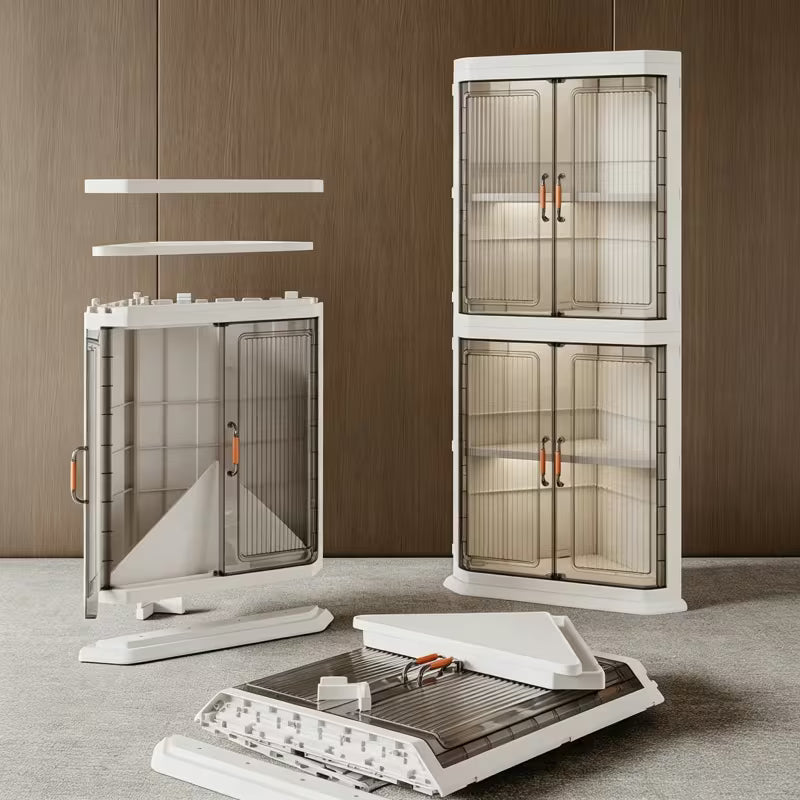3-Tier Foldable Stackable Corner Storage Cabinet with Transparent Doors