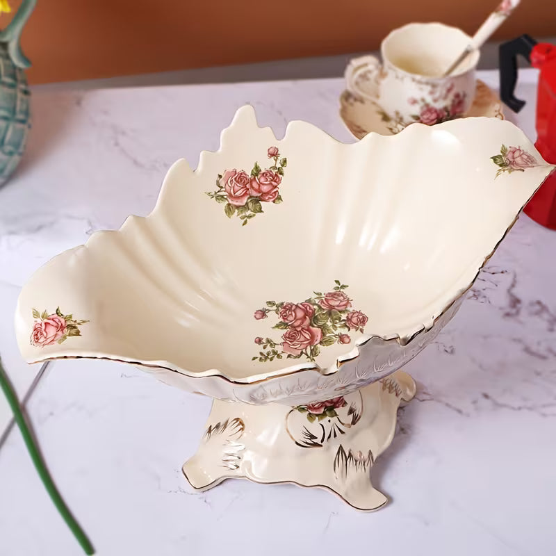13-Inch Oval Ceramic Fruit Plate with Pedestal Foot Stand