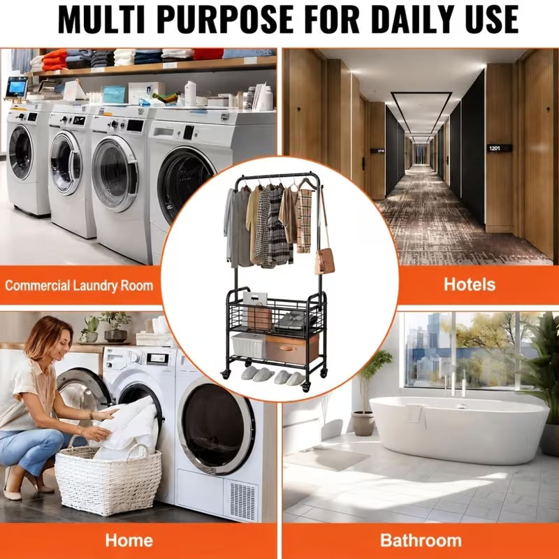 Metal Rolling Laundry Cart with Hanging Rack and Storage Shelf