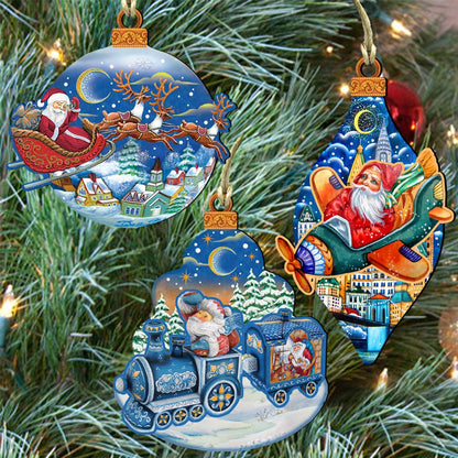 Traveling Santa Wooden Ornaments Set