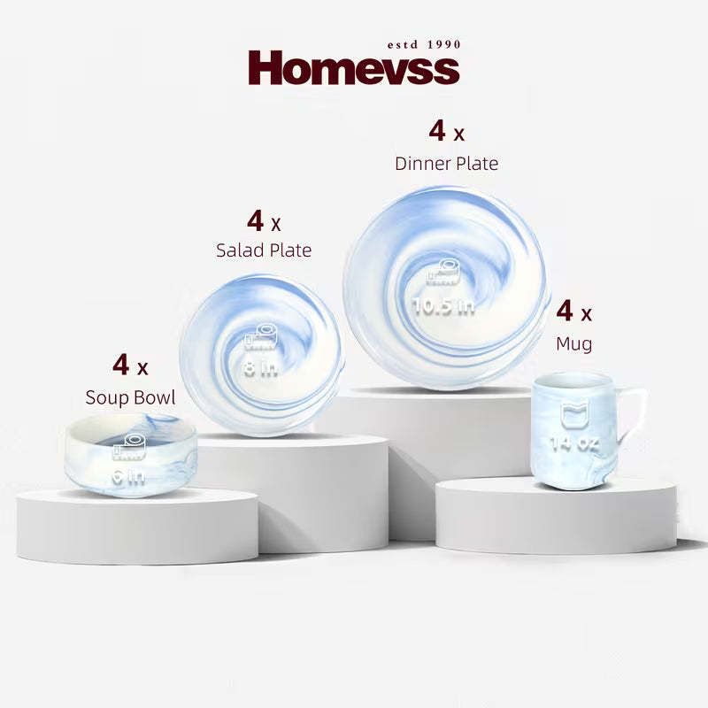 Marbled Round Ceramic Dinnerware Set with Plates and Bowls