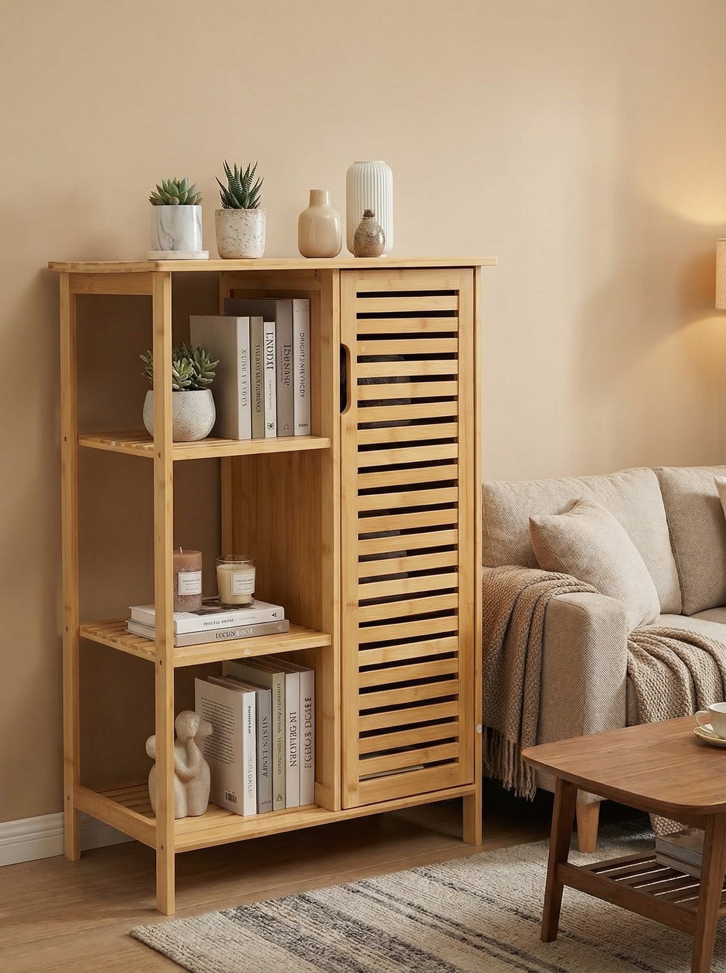 Bamboo 4 Tier Floor Cabinet with Doors, Freestanding Storage