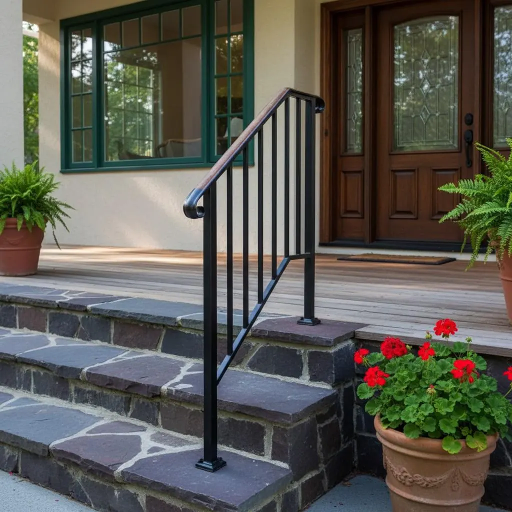 Outdoor Stair Handrail for 1–4 Steps, Adjustable Black Steel Railing