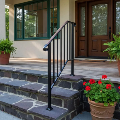 Outdoor Stair Handrail for 1–4 Steps, Adjustable Black Steel Railing