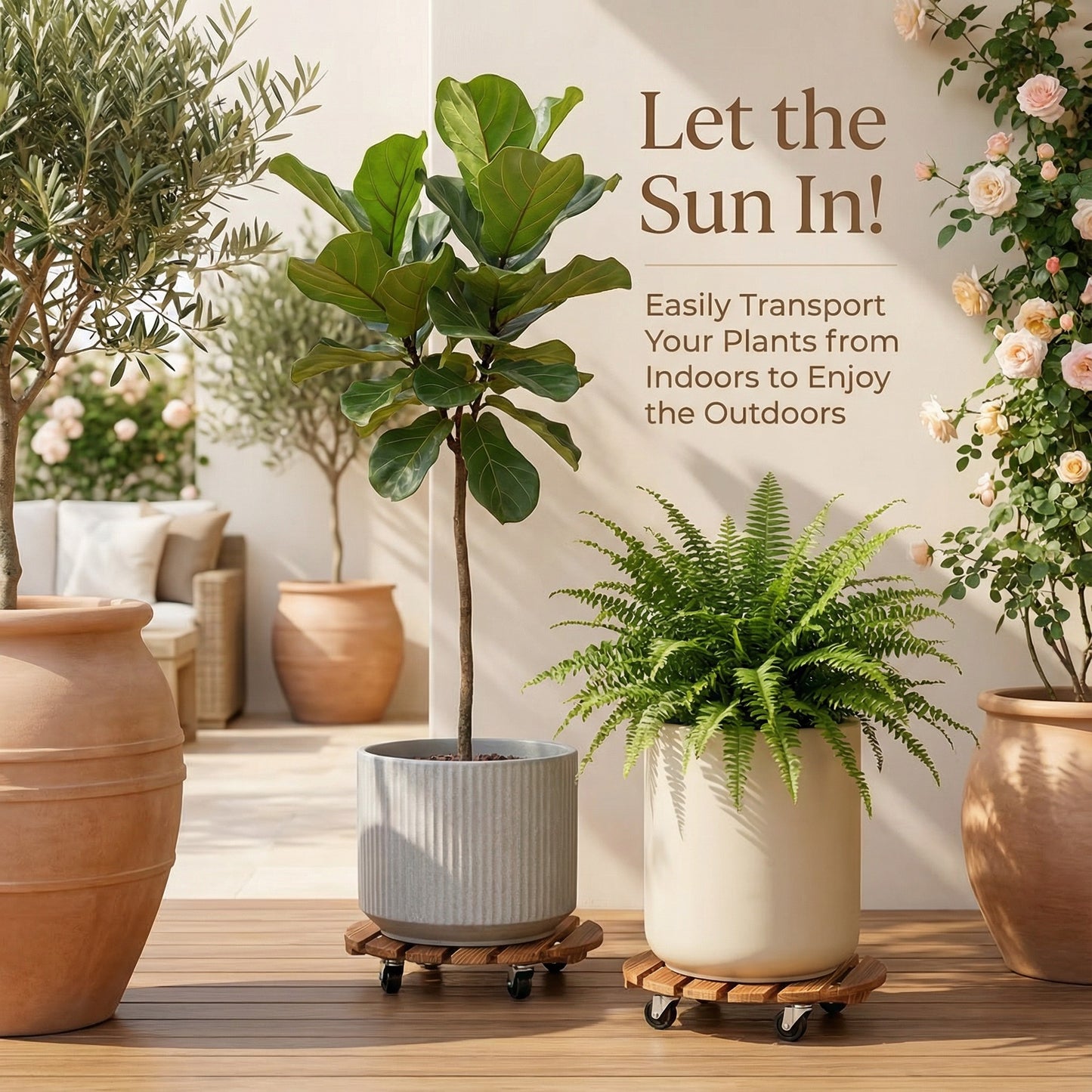 Rolling Wood Caddy with Lockable Wheels – 2 Pack Heavy Duty Pot Stand