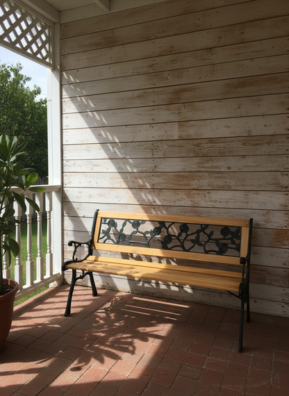 Cast Iron & Wood Outdoor Garden Bench with Ornate Backrest