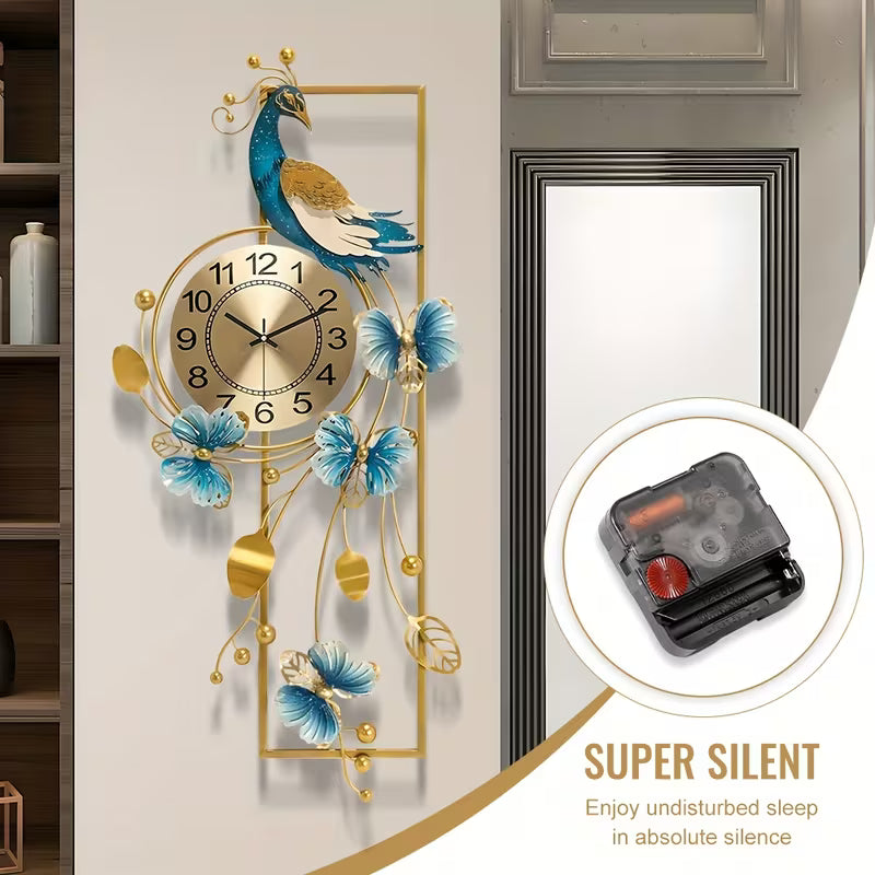 34.6-Inch Elegant Peacock Butterfly Metal Wall Clock Home Decor
