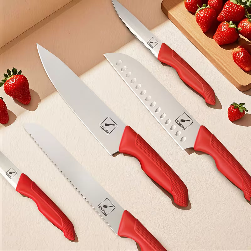 14-Piece Stainless Steel Kitchen Knife Set with Sharpener Block Red