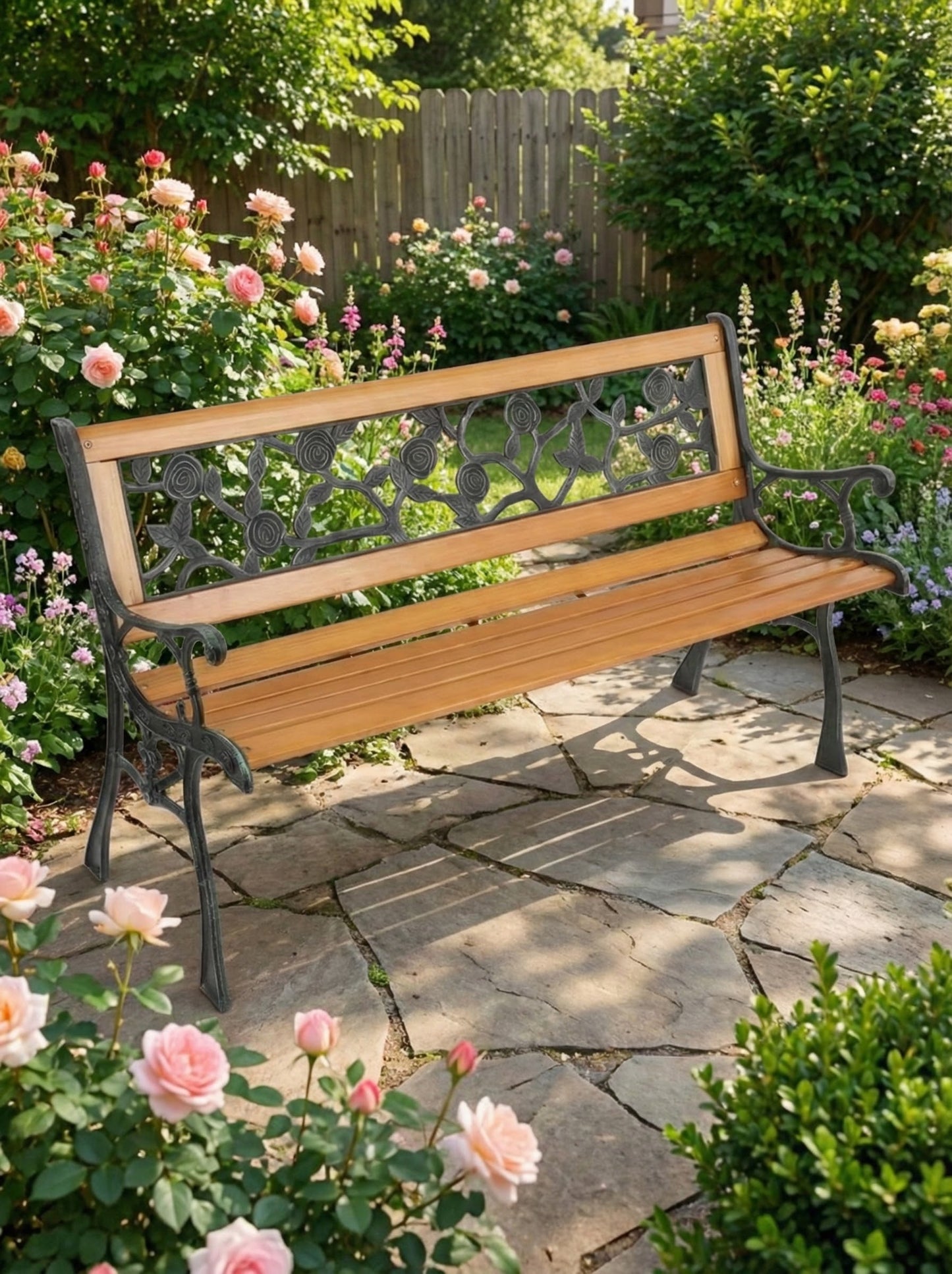 Cast Iron & Wood Outdoor Garden Bench with Ornate Backrest
