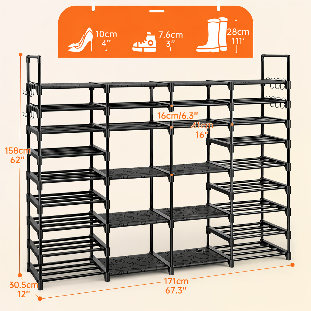 Multi Layers - Shoe Rack Organizer Column Storage Shelf Entryway w/ Hooks