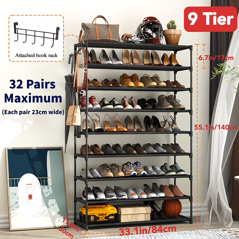 Multi Layers - Shoe Rack Organizer Column Storage Shelf Entryway w/ Hooks