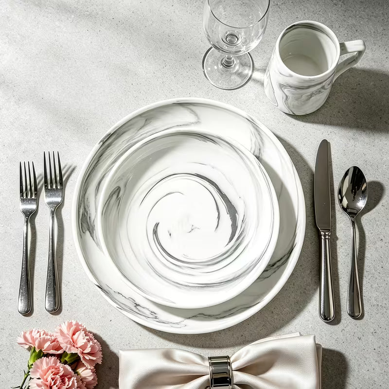 Marbled Round Ceramic Dinnerware Set with Plates and Bowls