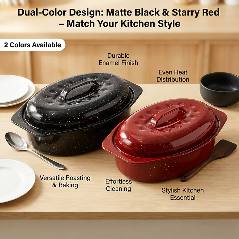 Oval Enamel Roasting Pan with Lid Baking Dish Turkey Roaster