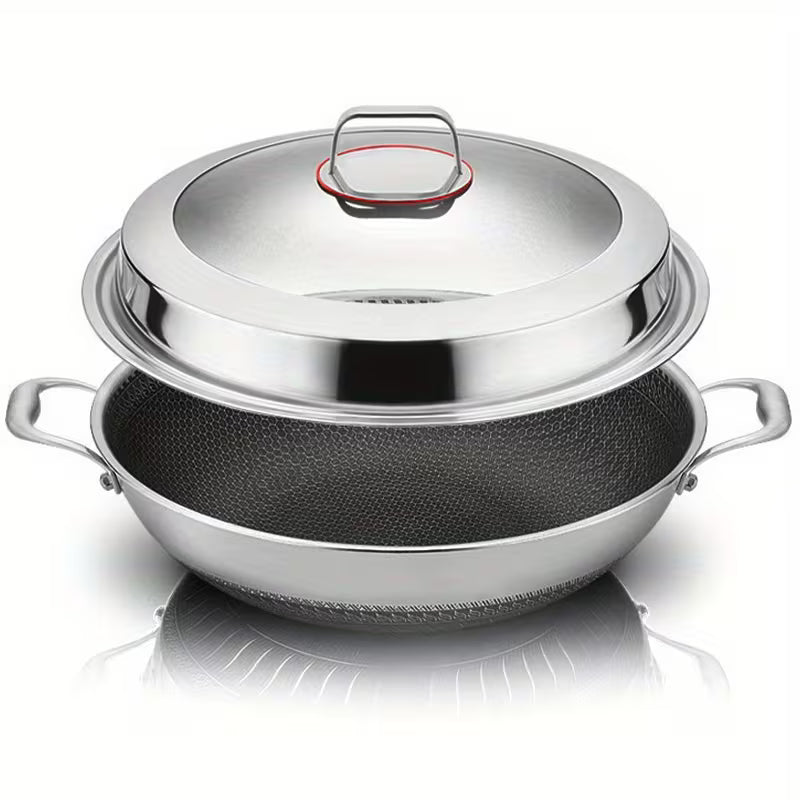 13.4-Inch Stainless Steel Double-Handled Soup Pot and Frying Pan with Lid