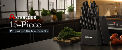 15-Piece Kitchen Knife Set with Block & Built-in Sharpener – Dishwasher Safe German Stainless Steel Knives