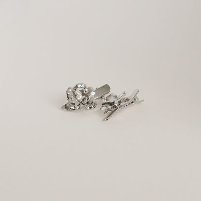 Metal Flower with Plastic Pearl Hair Clips | 3pcs | Silver
