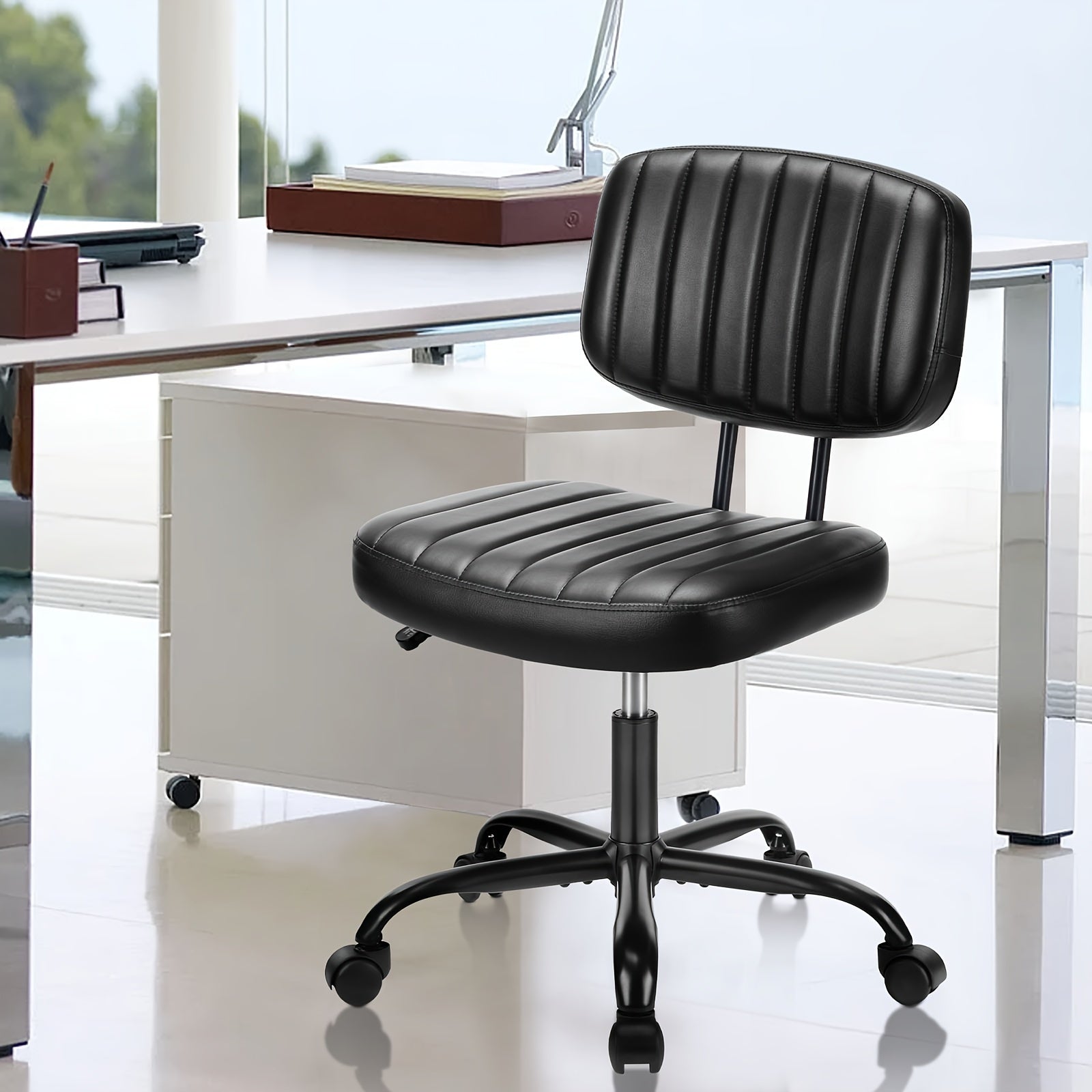 Armless Office Chair PU Leather Rolling Desk Chair Task Vanity Chair Wheels