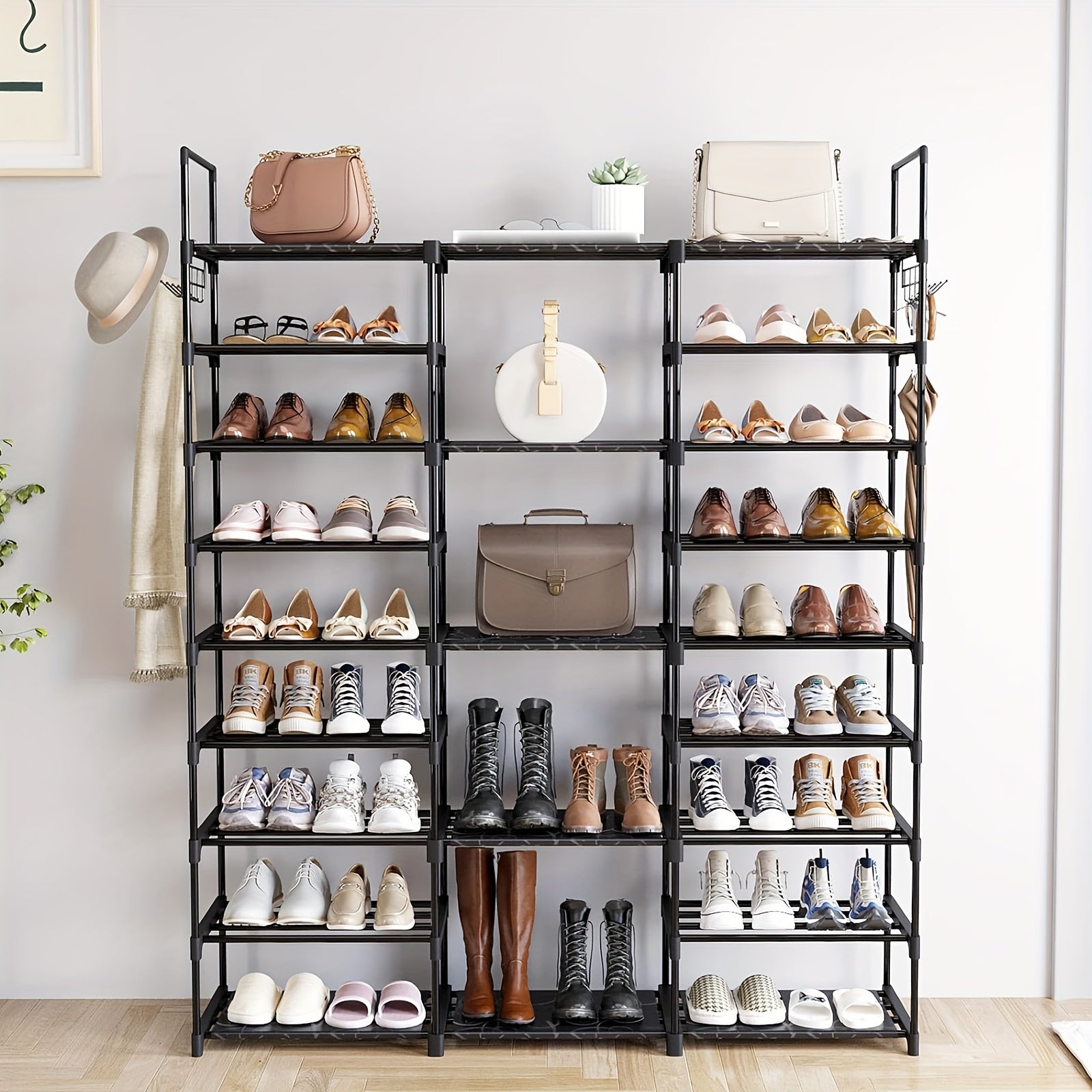 Multi Layers - Shoe Rack Organizer Column Storage Shelf Entryway w/ Hooks