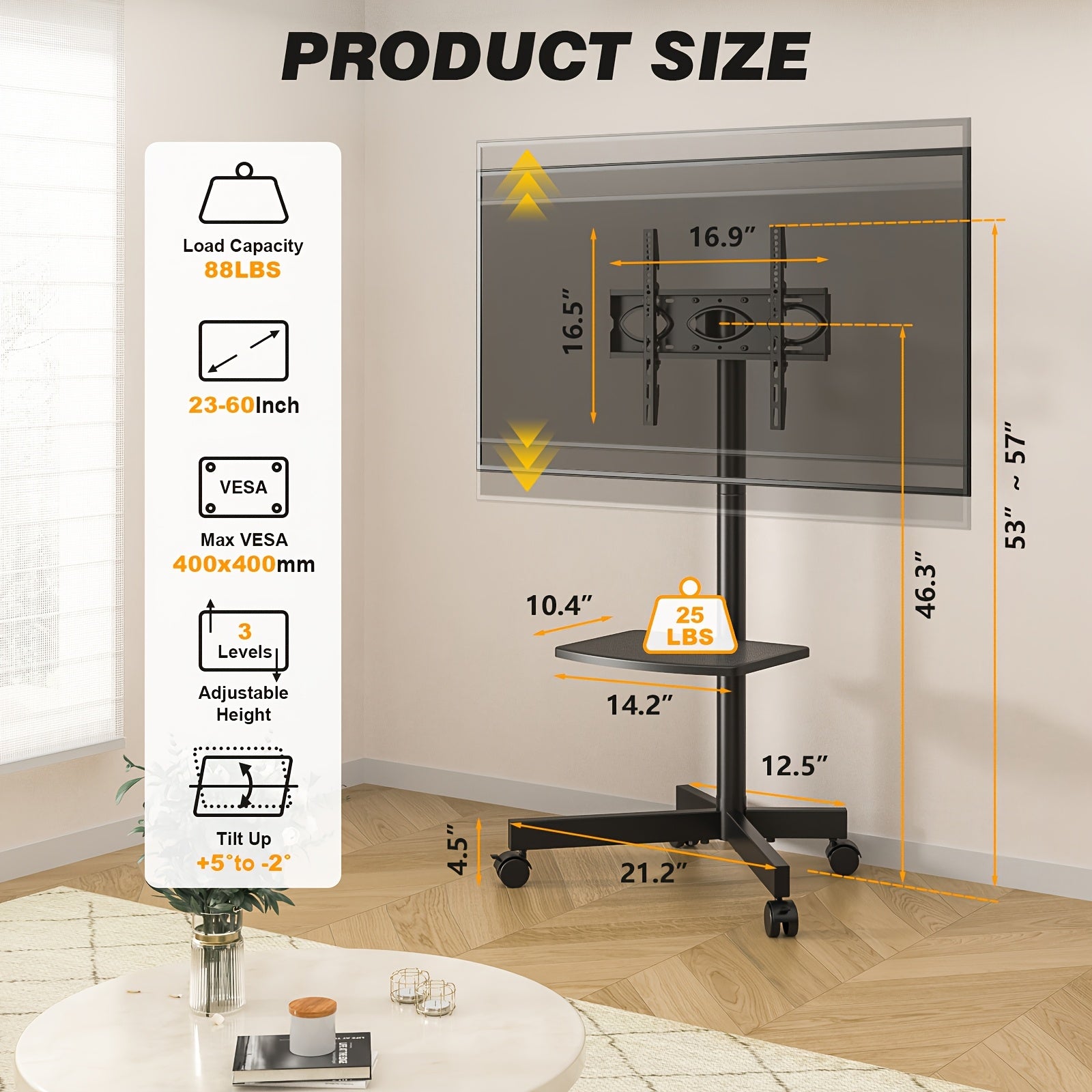 Mobile TV Cart Stand 23-60 Inch Rolling TV Stand w/ Shelf VESA 400x400 88lbs