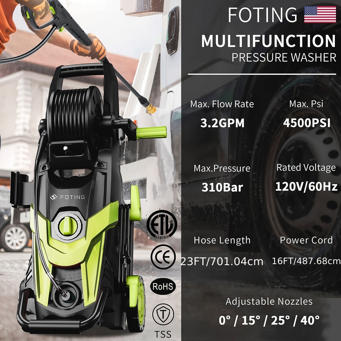 Electric Pressure Washer 4500 PSI 3.2 GPM w/ Foam Cannon Hose Reel