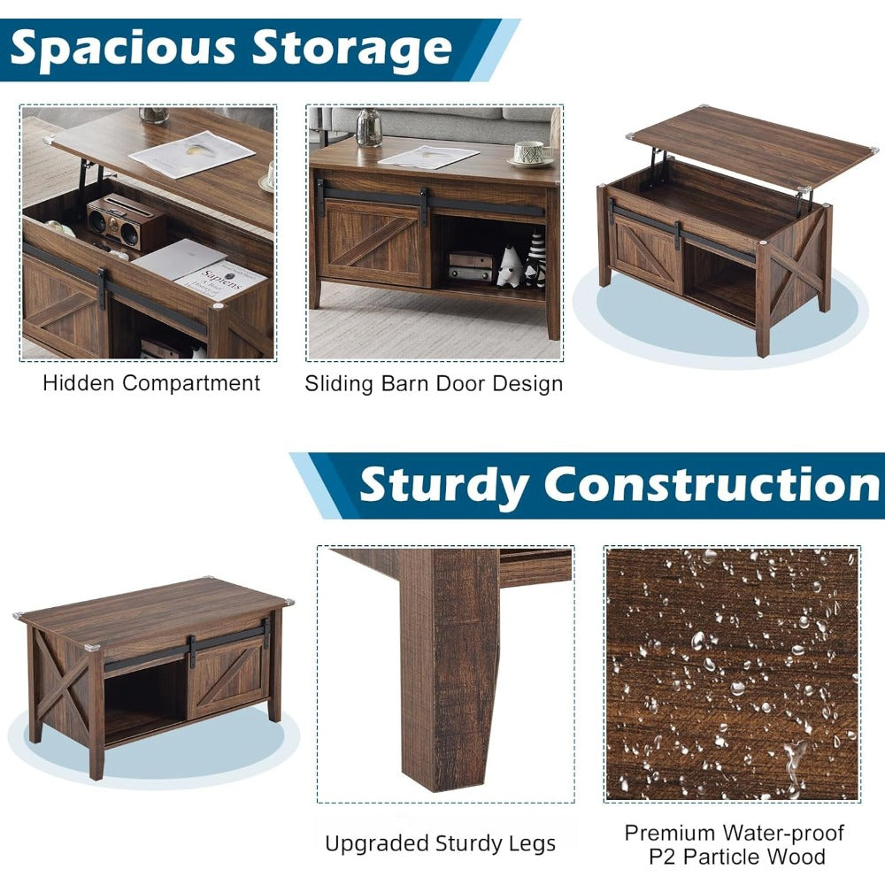 Lift Top Coffee Table 36" Farmhouse Rustic Wood Hidden Storage & Sliding Barn