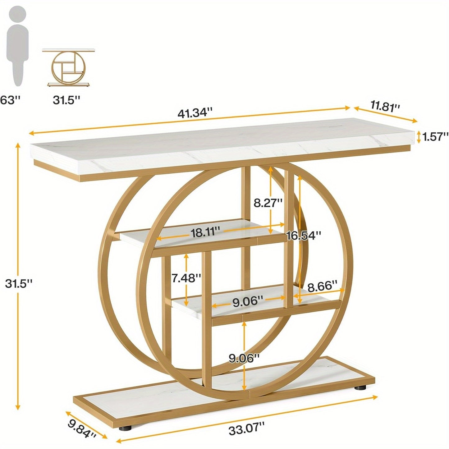 Luxury Gold Console Table with Marble Top, Modern Entryway Sofa Table