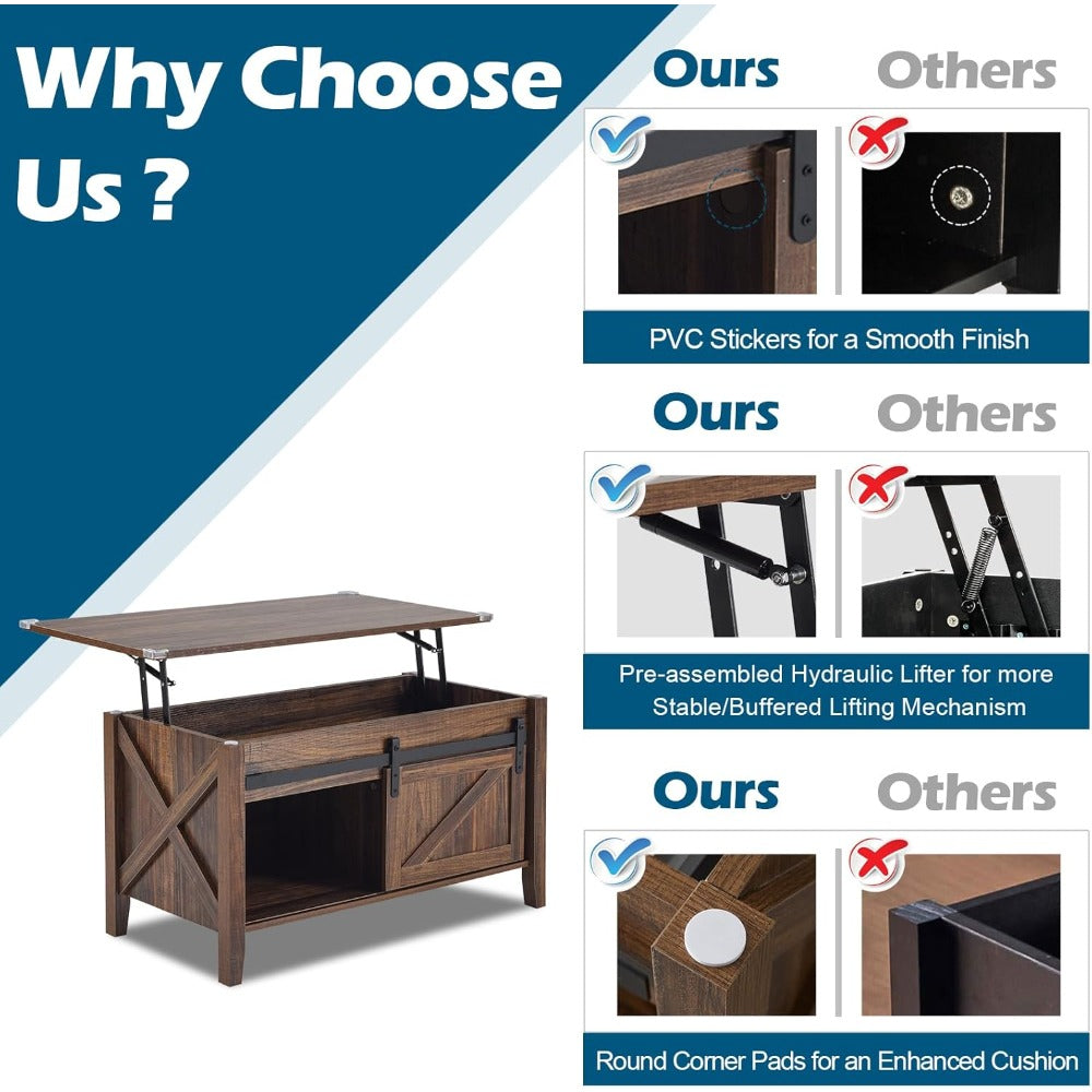 Lift Top Coffee Table 36" Farmhouse Rustic Wood Hidden Storage & Sliding Barn