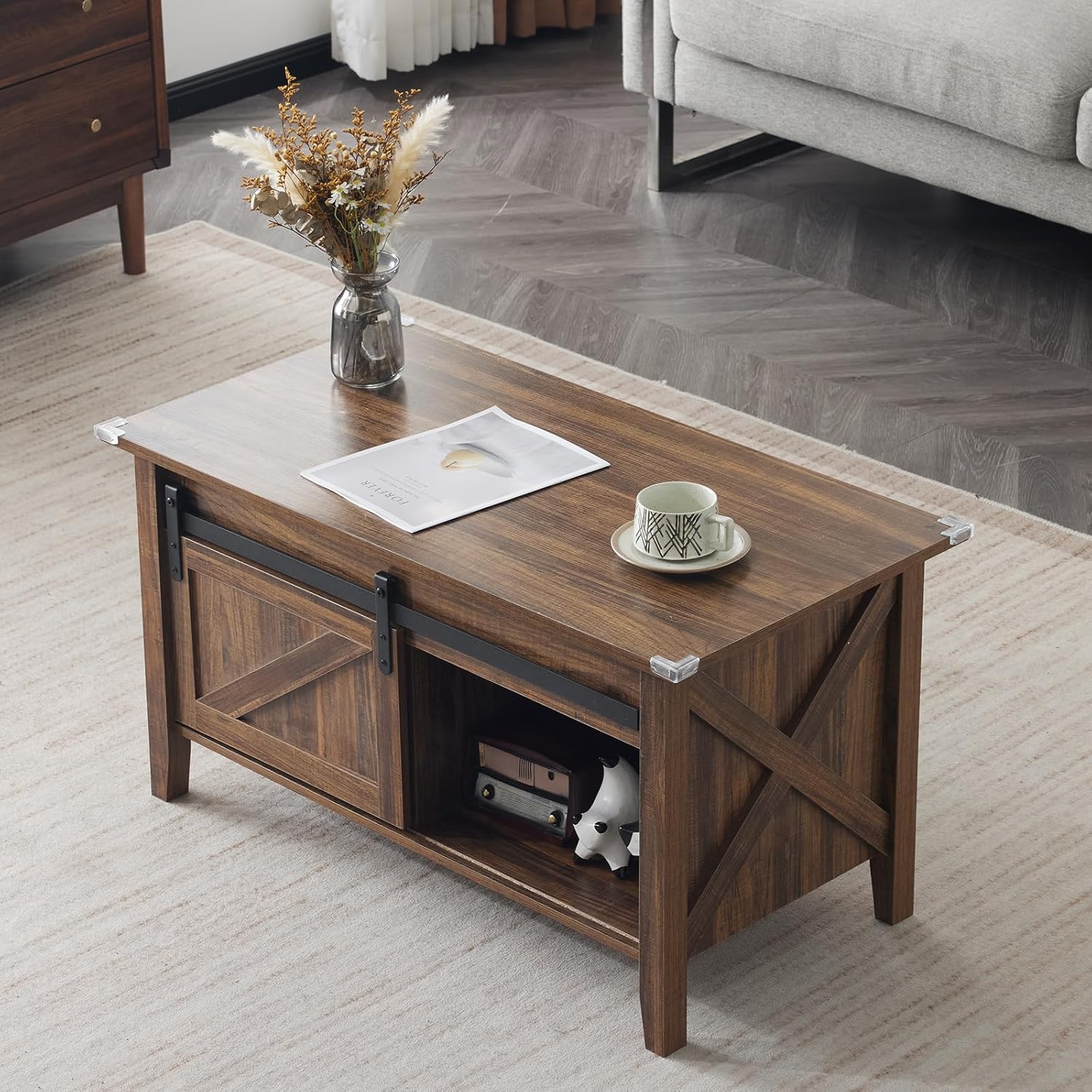 Lift Top Coffee Table 36" Farmhouse Rustic Wood Hidden Storage & Sliding Barn