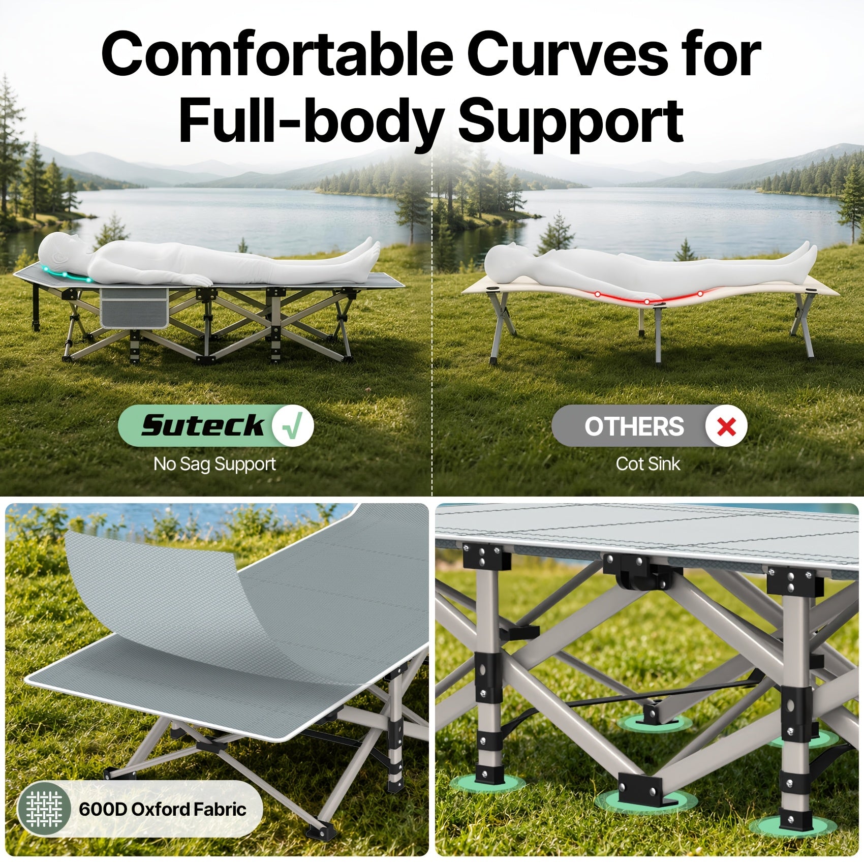 Folding Camping Cot Bed Adult Portable Heavy Duty Oxford Sleeping Cot w/ Pad Bag