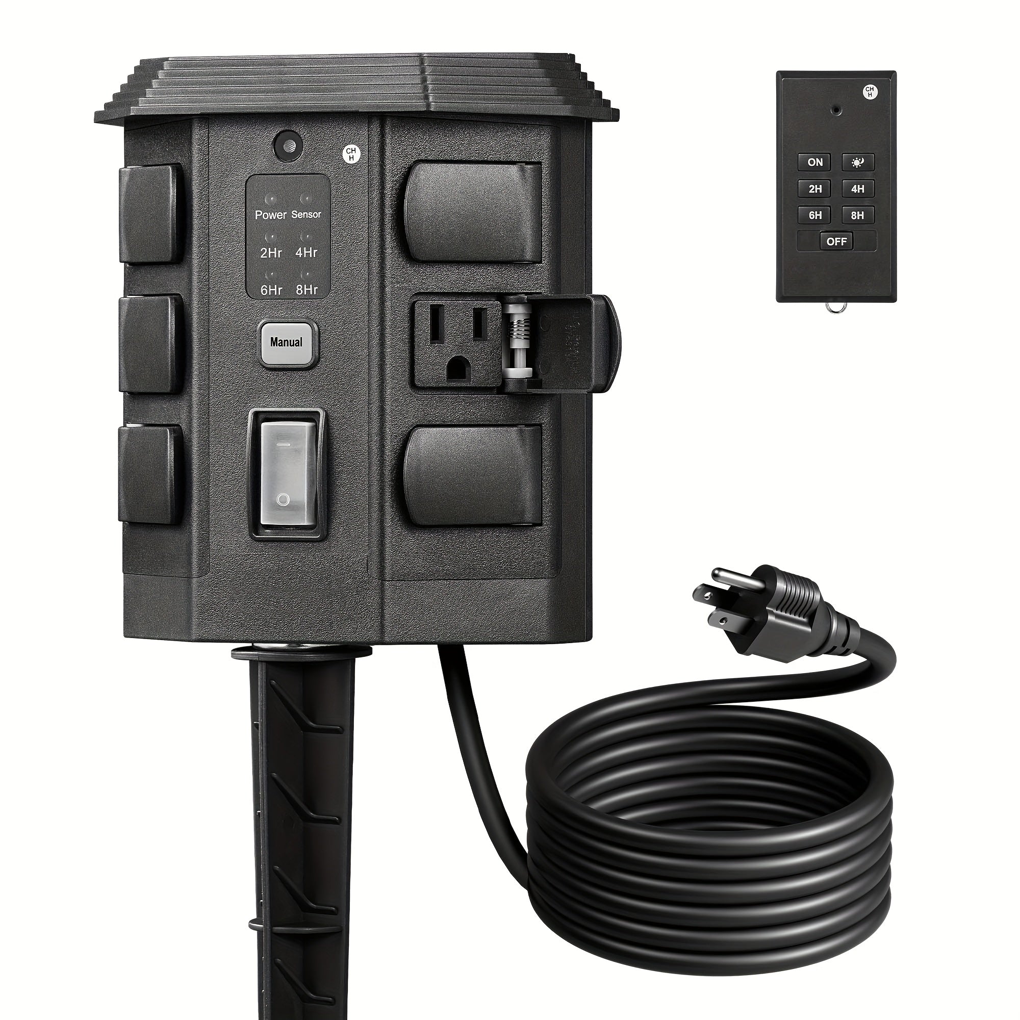 Outdoor Power Stake Timer w/ Remote, 6FT Cord, 6 Outlets, Dusk to Dawn Light Timer