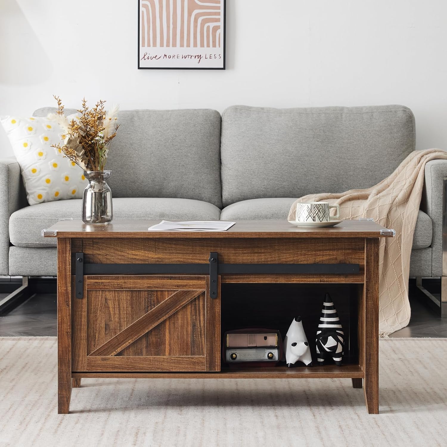 Lift Top Coffee Table 36" Farmhouse Rustic Wood Hidden Storage & Sliding Barn