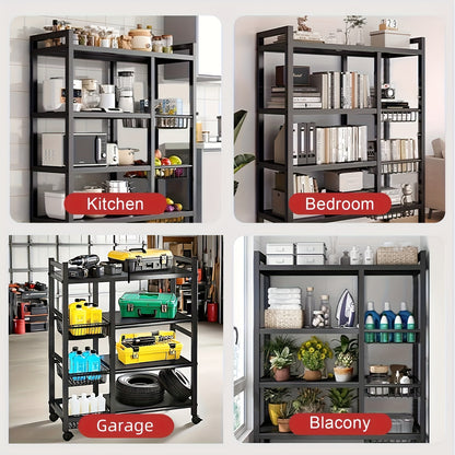4-Tier Rolling Storage Rack with Baskets, Metal Utility Shelf on Wheels, Kitchen Garage Organizer