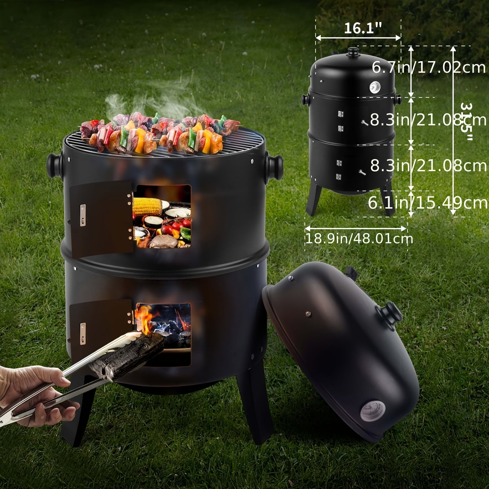 3-in-1 Charcoal Smoker Grill BBQ Fire Pit Portable Outdoor Camping Grill