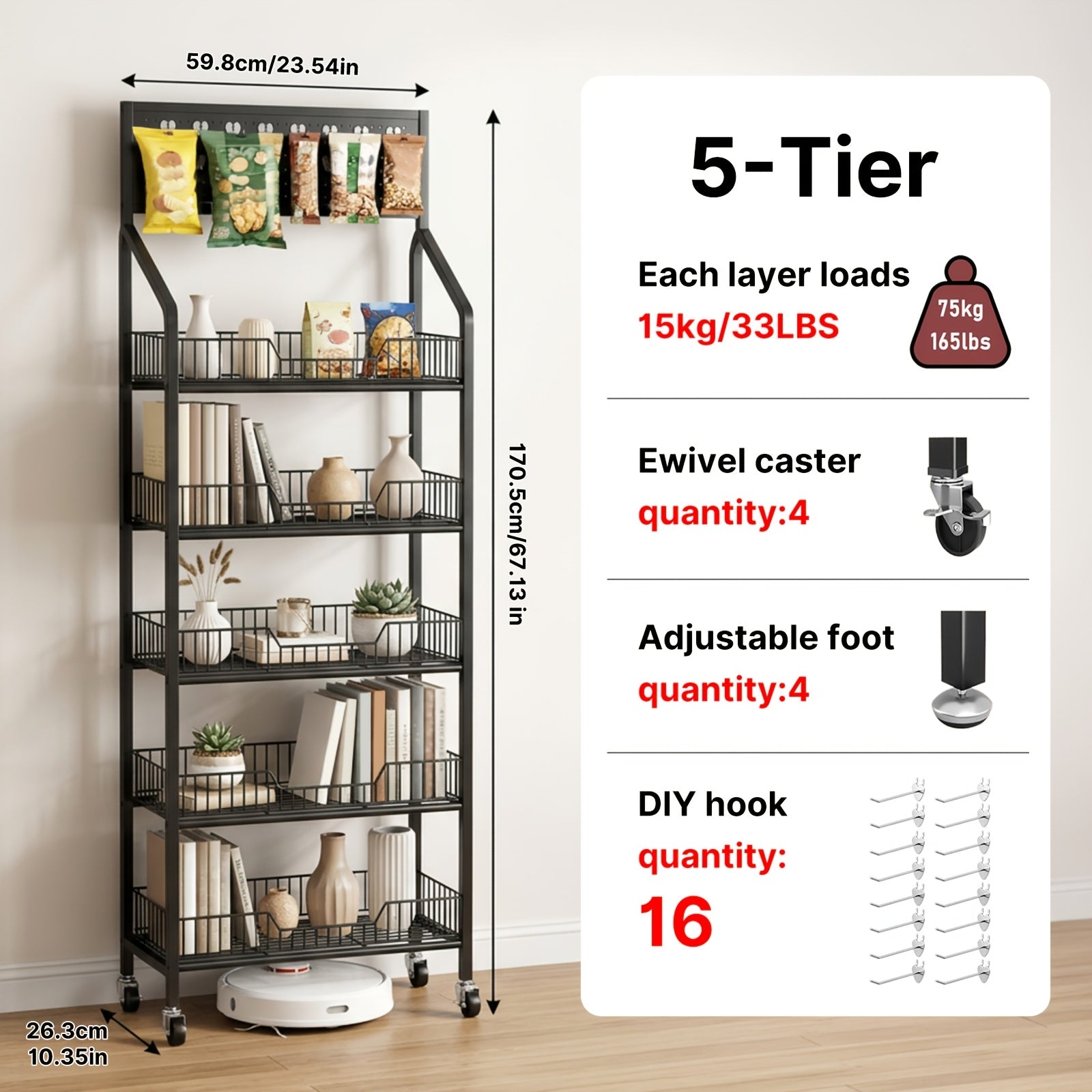 3/4/5 Tier Retail Display Rack Metal Snack Display Stand w/ Hooks & Wheels