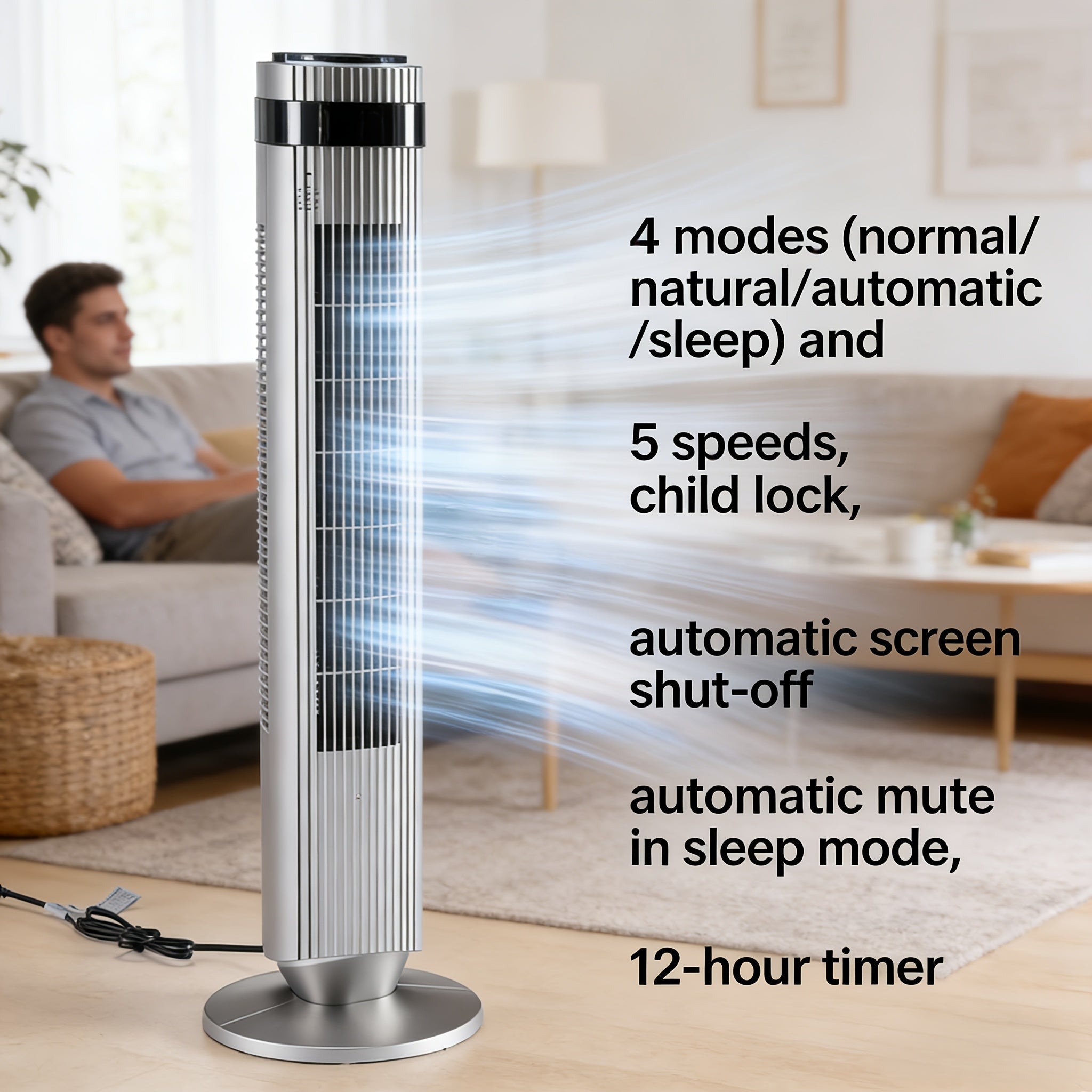 Tower Fan Bladeless 5 Speeds 4 Modes 64° Oscillating Quiet Remote 12H Timer