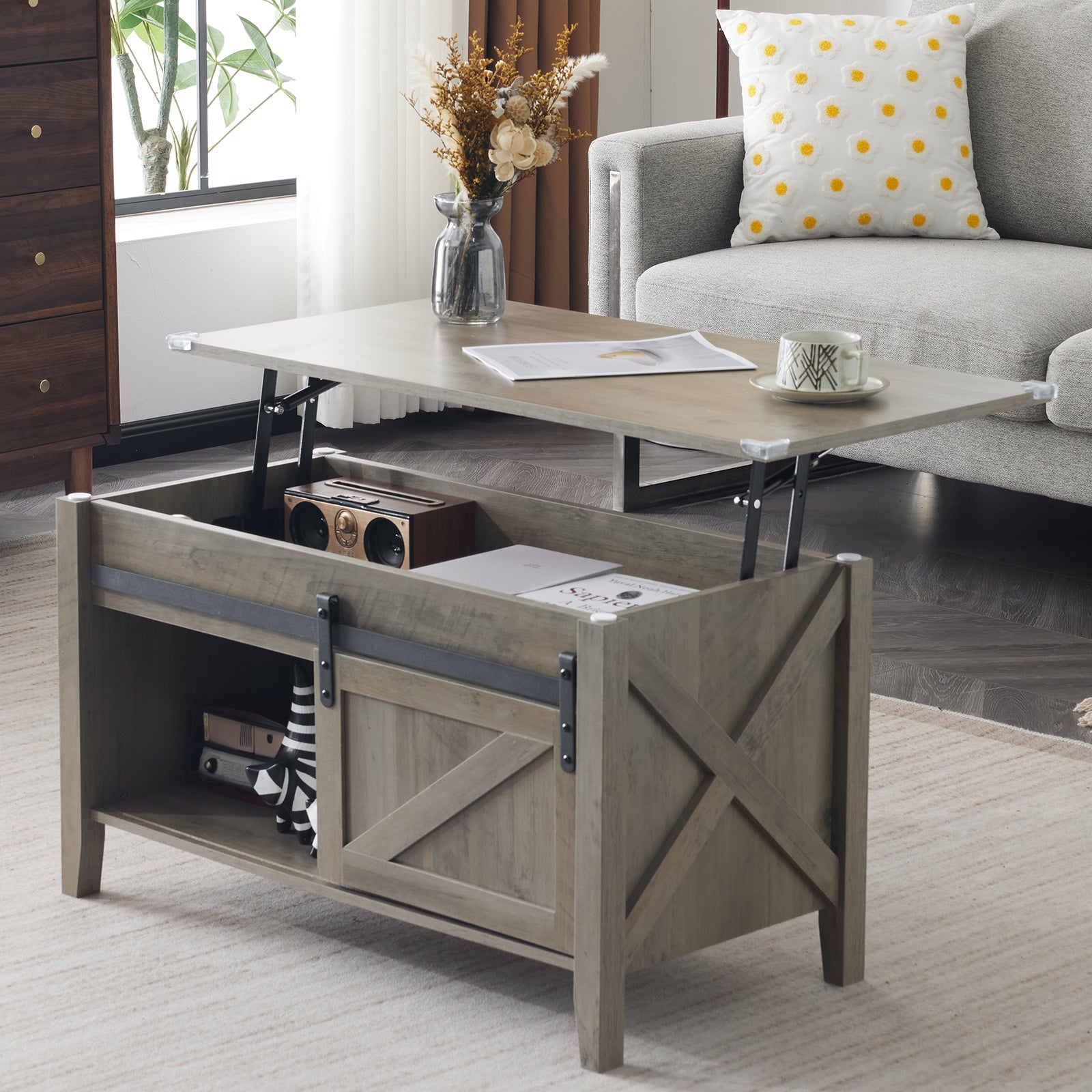 Lift Top Coffee Table 36" Farmhouse Rustic Wood Hidden Storage & Sliding Barn