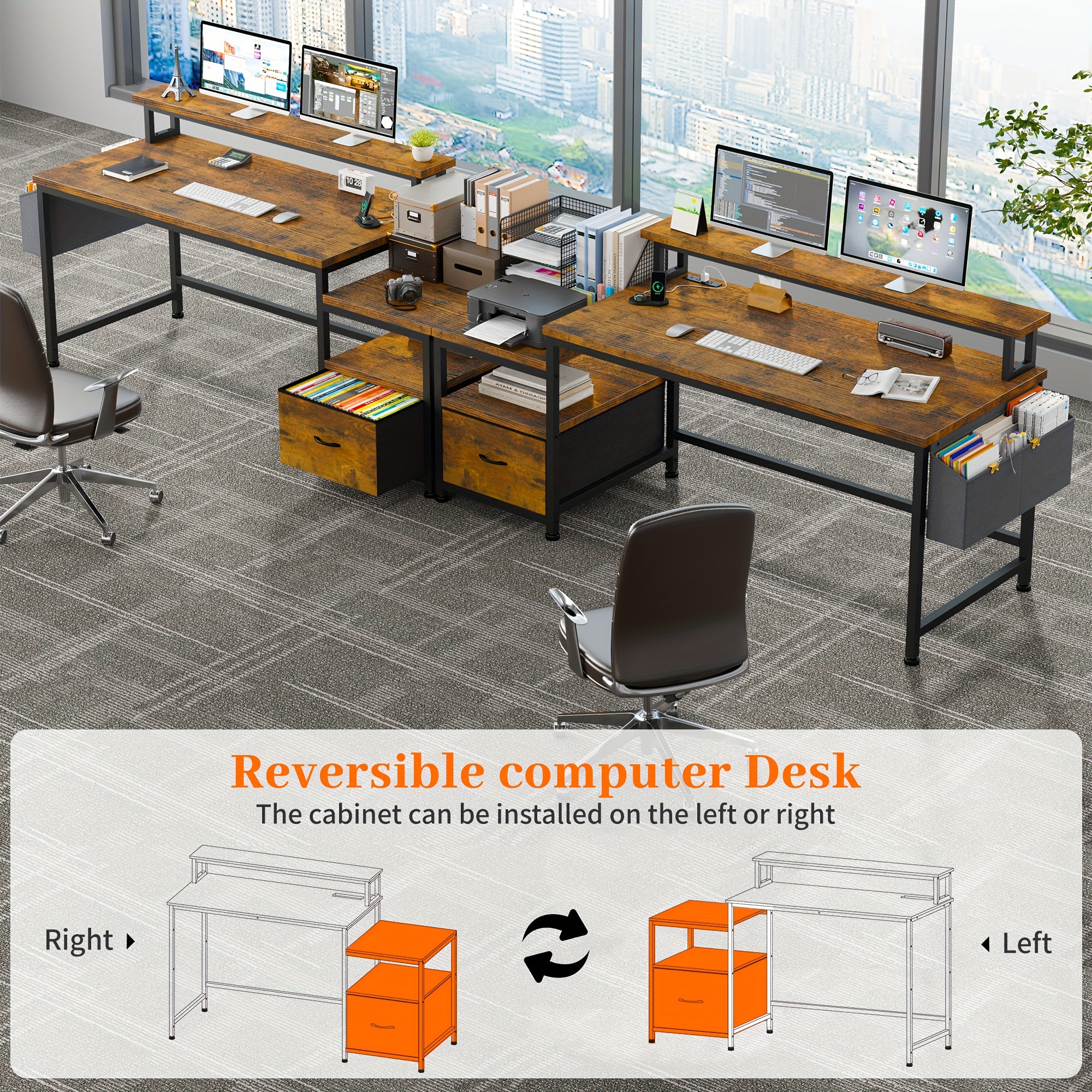 EnHomee 57" Computer Desk w/ Drawers Power Outlets Printer Shelf Home Office