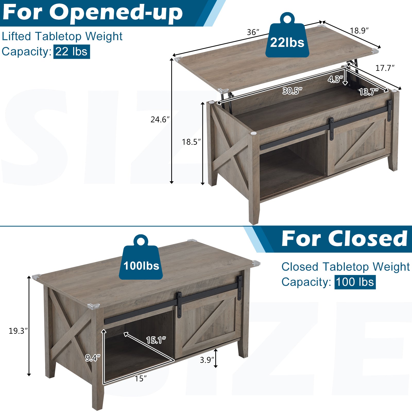 Lift Top Coffee Table 36" Farmhouse Rustic Wood Hidden Storage & Sliding Barn