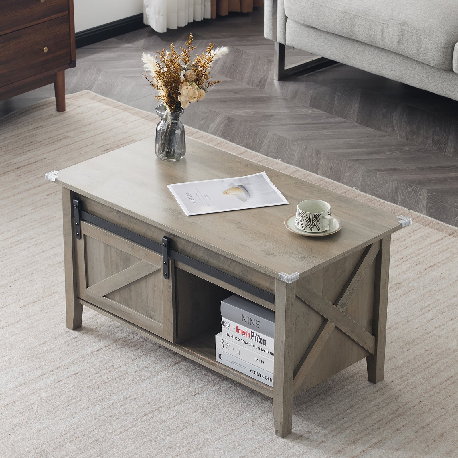 Lift Top Coffee Table 36" Farmhouse Rustic Wood Hidden Storage & Sliding Barn