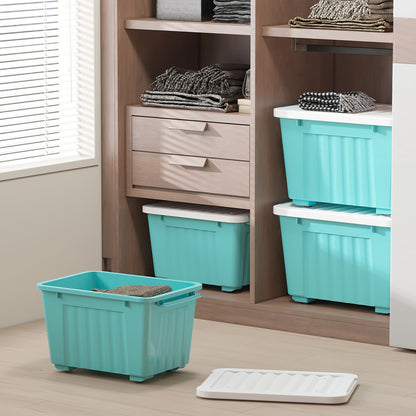 72QT Storage Box with Wheels & Lid – Stackable Heavy Duty Organizer 4-6-Pack