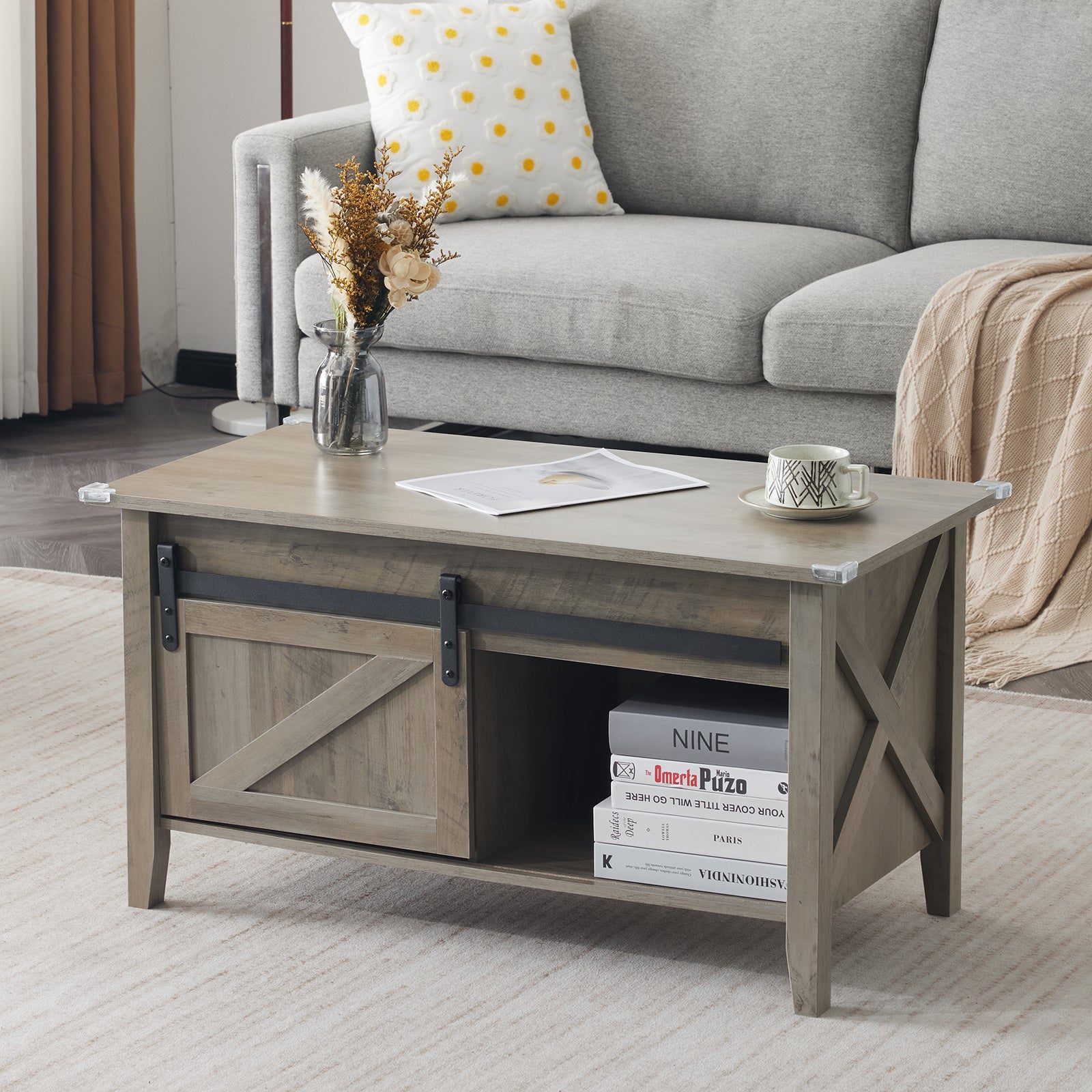 Lift Top Coffee Table 36" Farmhouse Rustic Wood Hidden Storage & Sliding Barn